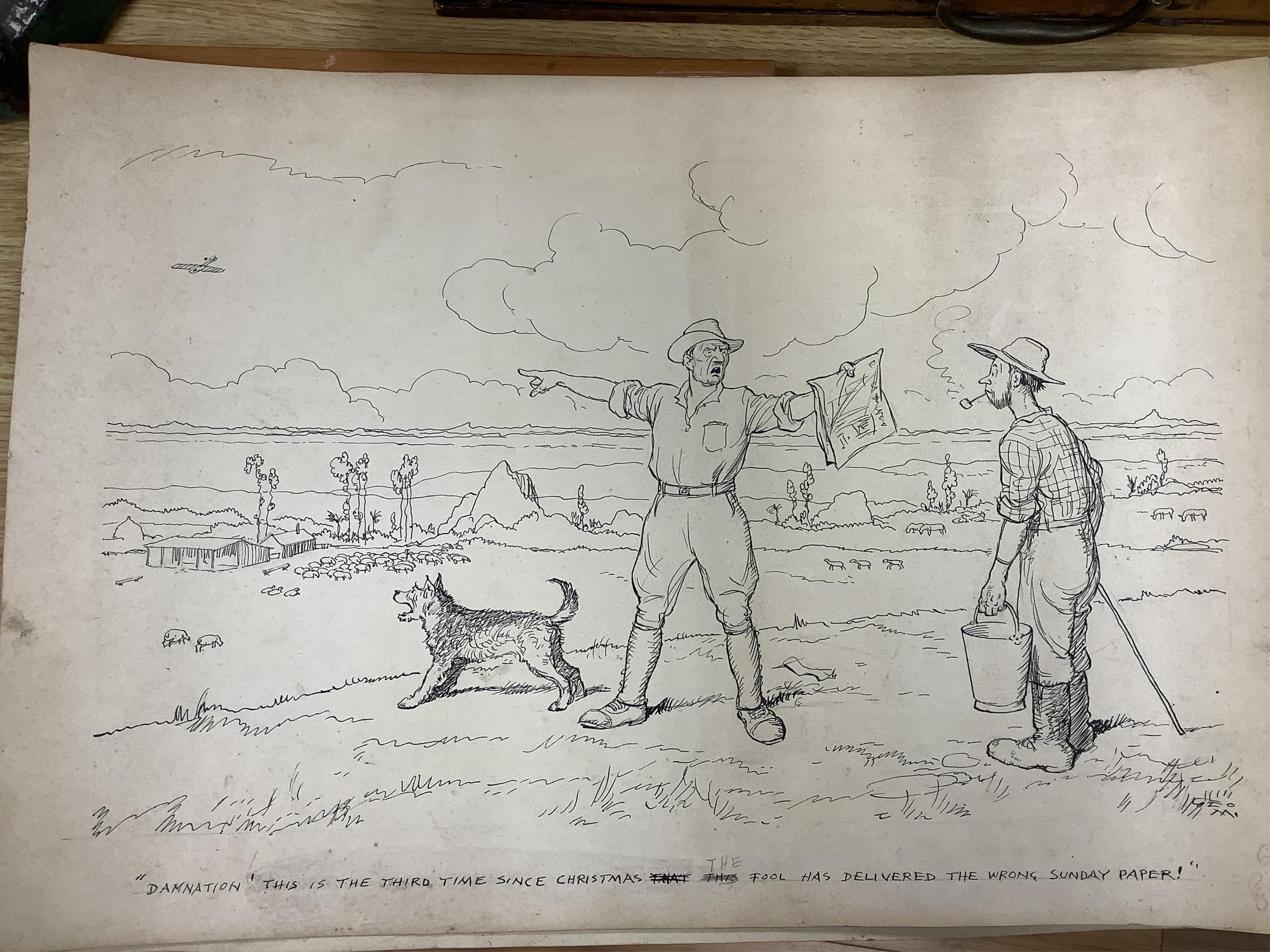 A folio of cartoons, caricatures, cartoons and opera house designs, mostly by Edwin Morrow (Irish) and Norman Morrow, to include 'Caution Weir here', 'The Sublime Good Deed' and 'Bluff at the Garrick', with a collection